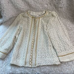 NWOT Chico’s lace Beige Jacket embellished with gold chain accent appliqué SZ 2